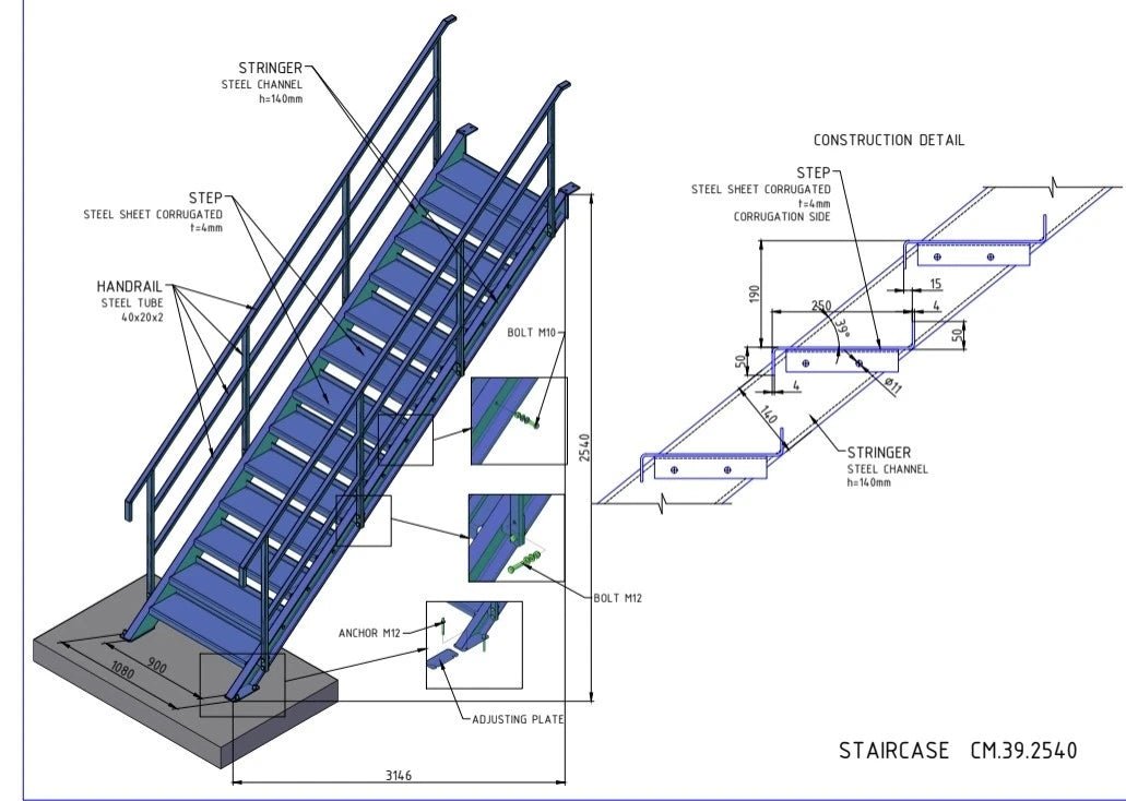 Steel Staircase Mezzanine Flats Commercial Residential 900mm X 2540mm - Warehouse Storage Products