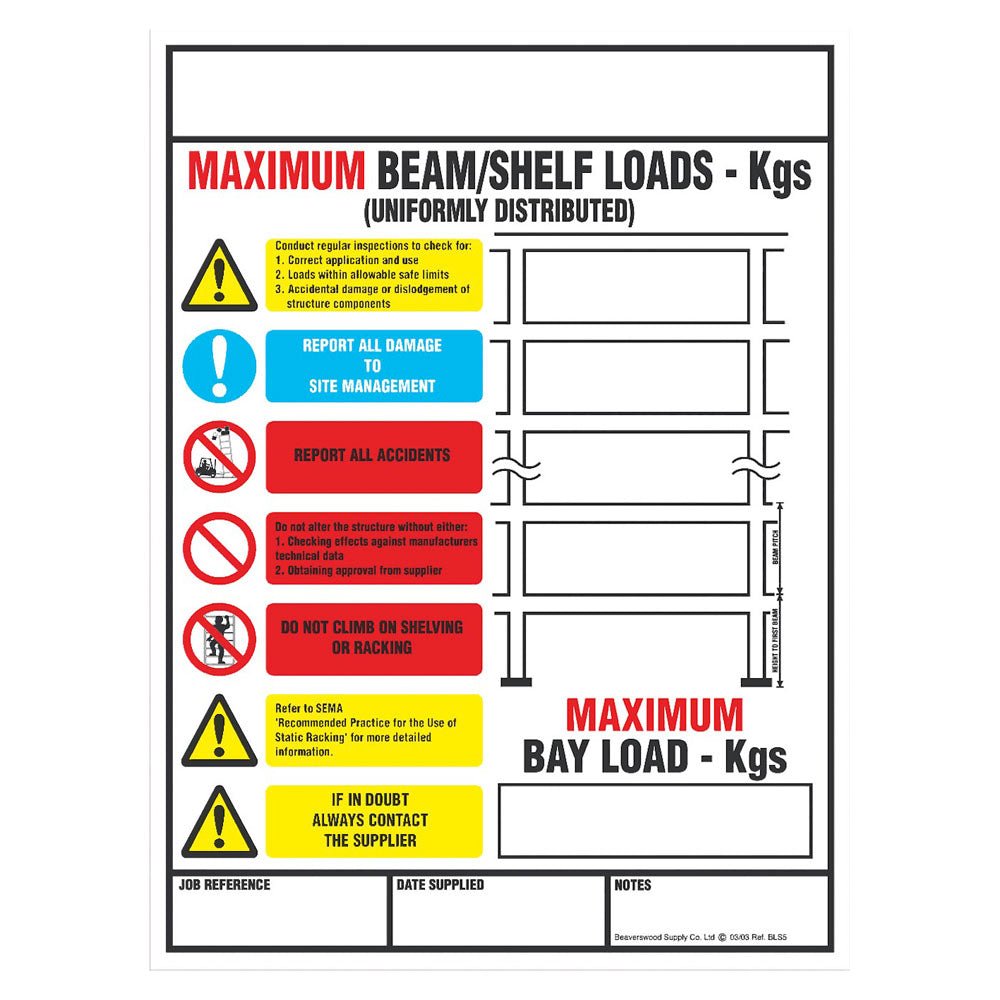 Weight Load Notices - Warehouse Storage Products