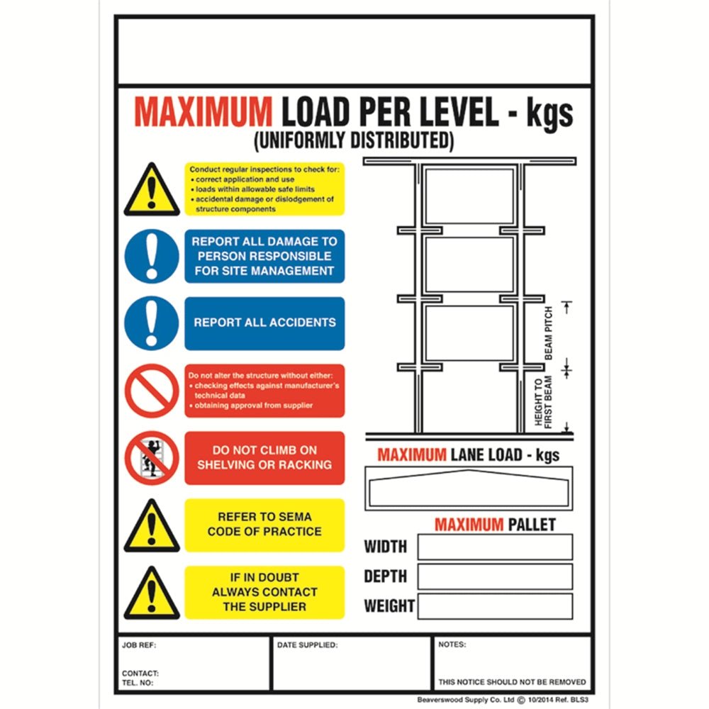 Weight Load Notices - Warehouse Storage Products